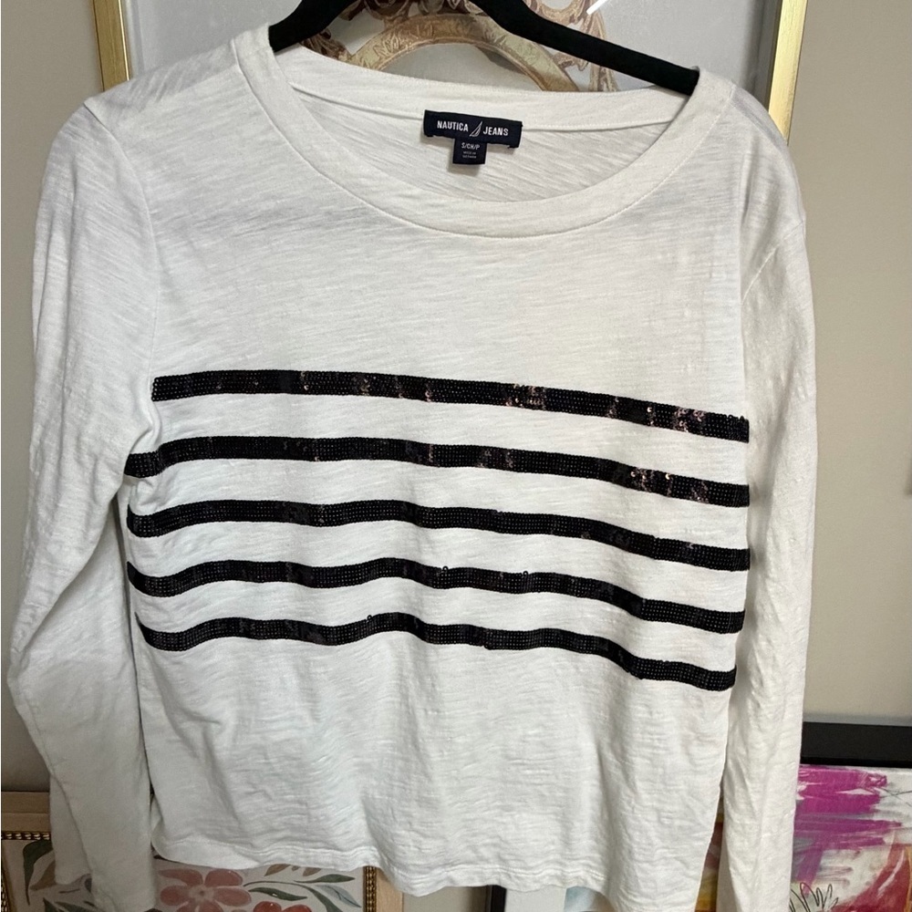 Nautica White Long Sleeve Top with Sequin navy Stripes